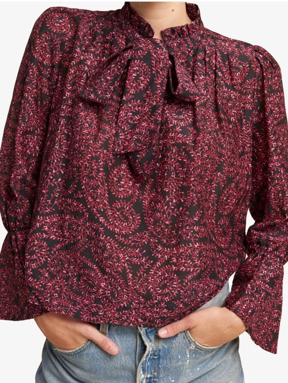 Warm Black Blouse with Pink Vine Print and Tie Neck